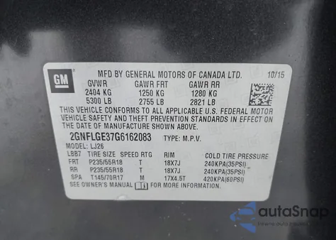 2016 Chevrolet Equinox Ltz from USA, damaged, VIN 2GNFLGE37G6162083